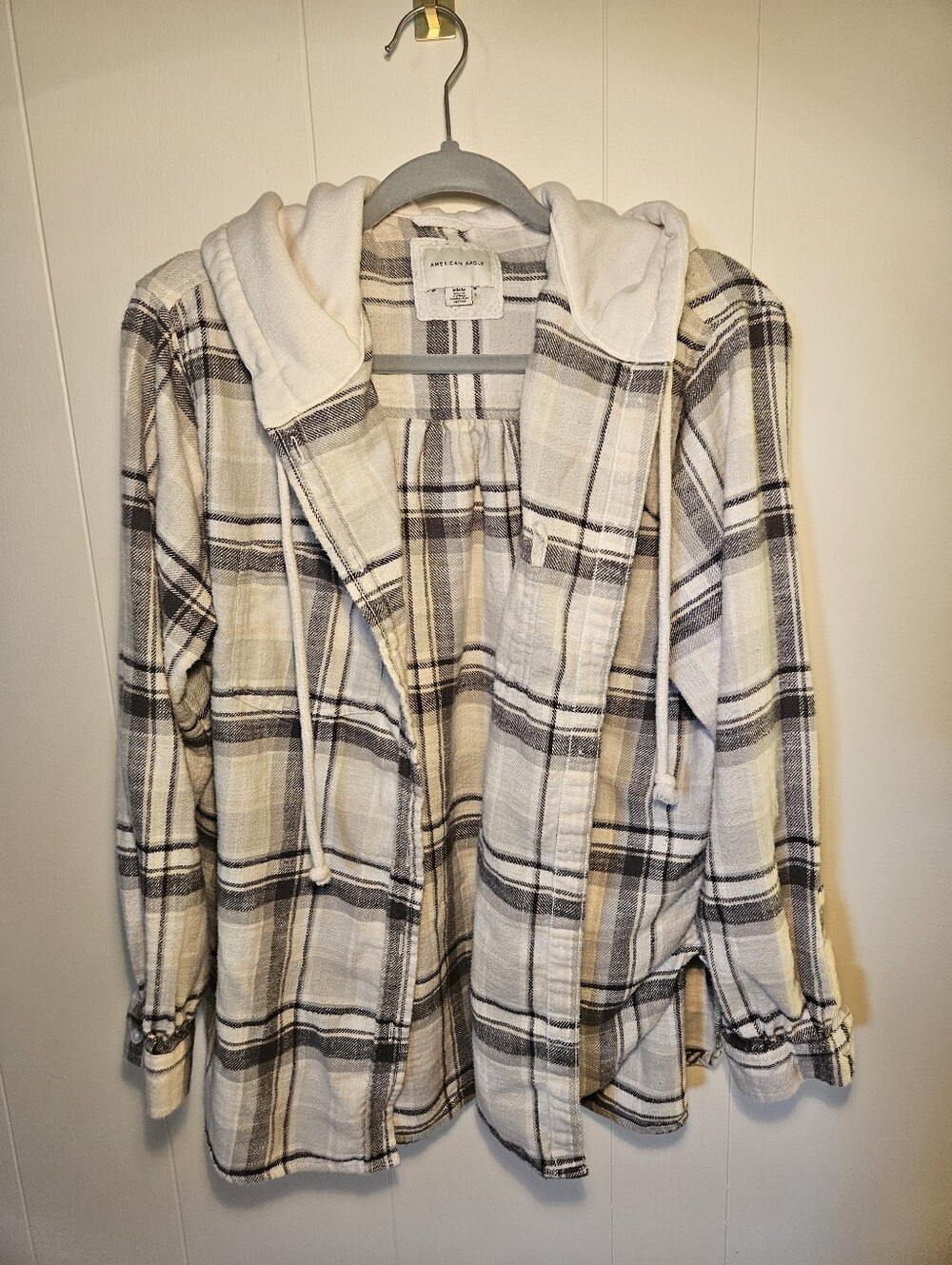 American Eagle Outfitters Women's Cream, White & Gray Plaid Hooded Shacket
